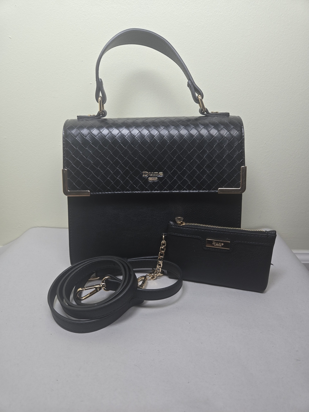 Dune London Black Woven-Flap Top-Handle Satchel Crossbody with Pouch, Gold Accen